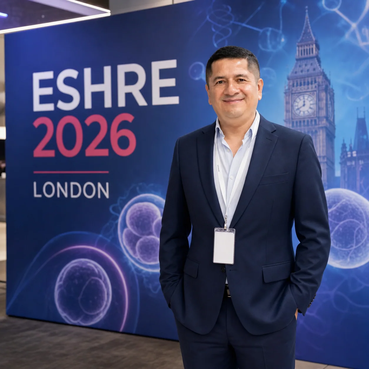 Representación editorial del Dr. Ezequiel Quispe en ESHRE 2026, congreso de medicina reproductiva en Londres